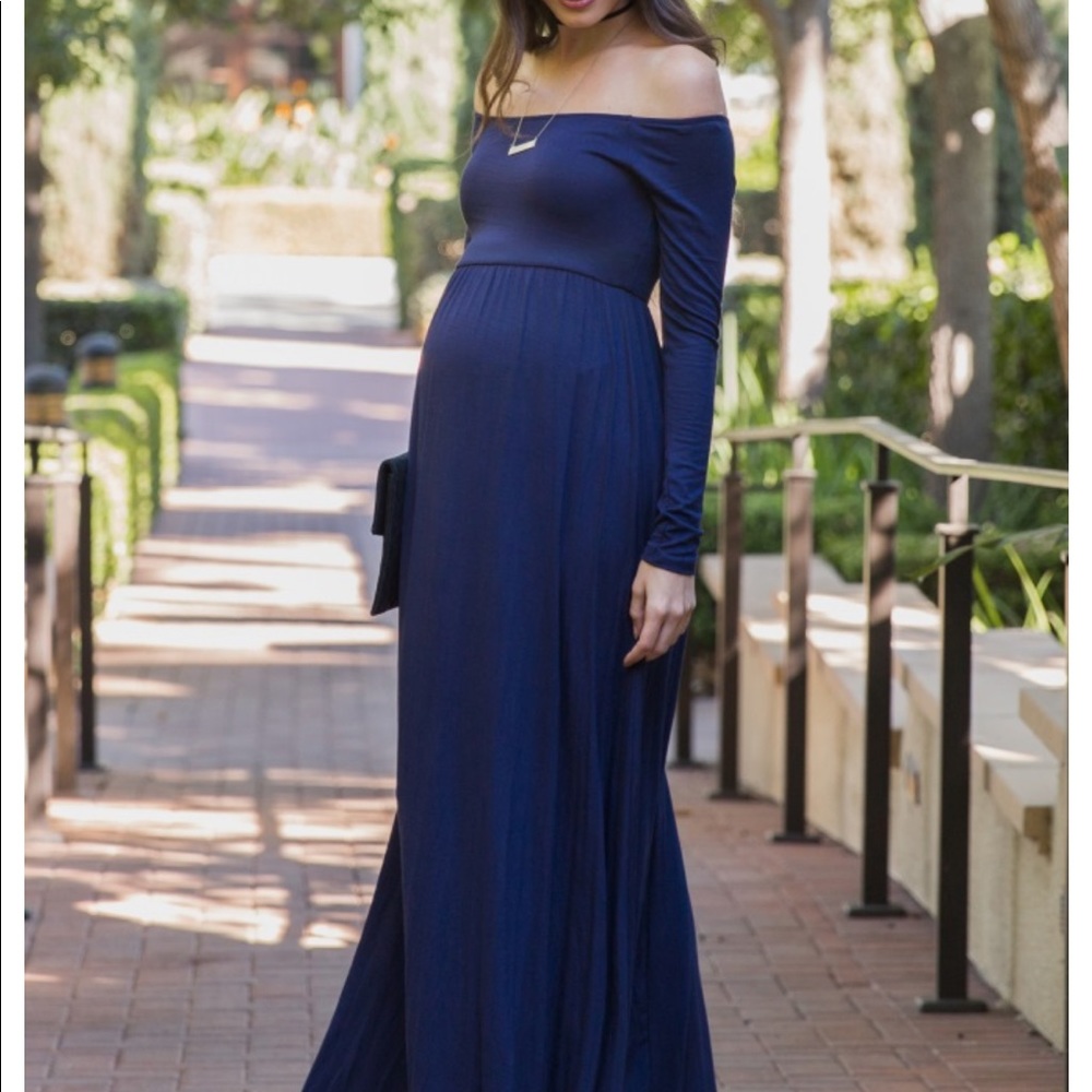Pink Blush Navy off the shoulder maternity maxi